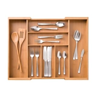 Seville Classics Bamboo Expandable 7 Compartment, 2 Adjustable, Flatware Utensil Cutlery Drawer Tray Organizer - Brown