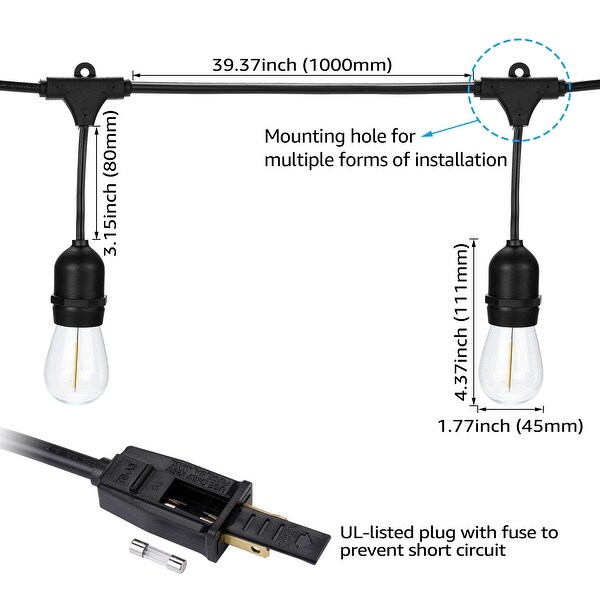 50" Outdoor LED Bulb String Light for Patio Yard Festival Wedding Decoration, 16 Bulbs Included - LED-15 sockets