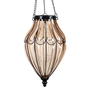 Exhart Solar Glass Hanging Lantern with Waving Metal Pattern, 7.5 by 25 Inches