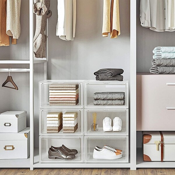 SONGMICS Shoe Boxes, Pack of 6 Stackable Shoe Organizer with Clear Door, Plastic Shoe Storage, Transparent