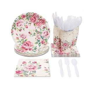 24 Set Party Dinnerware Supply Plate Knife Spoon Fork Cup Napkin, Vintage Floral