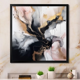 Designart "Pink Black Textured Splash Marble Ii" Abstract Marble Framed Wall Art Prints