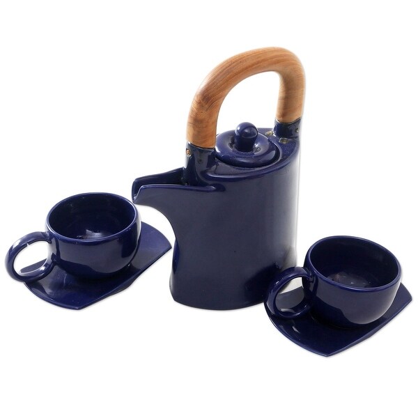 Novica Handmade American Blue Teak Wood-Accented Ceramic Tea Set For Two (5 Pcs)