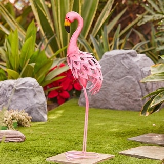 Pink Flamingo Outdoor Metal Garden Statue with Solar Light - 34-Inch H