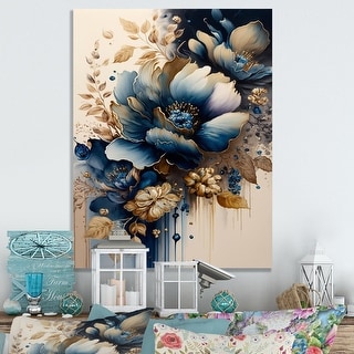 Designart 'Blue And Gold Floral Bunch III' Floral & Botanical Canvas Wall Art