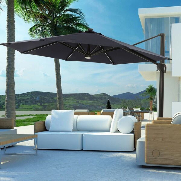 11 Feet Solar Powered Push-Button Tilt Cantilever Patio Umbrella in Red without Base