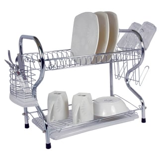22 Inch Chrome Dish Rack with Utensil Holder, Cup Rack and Tray - Silver