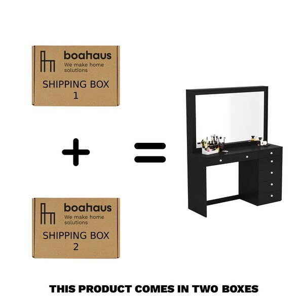 Boahaus Joan Modern Vanity Table, Black, Wide Mirror, 07 Drawers