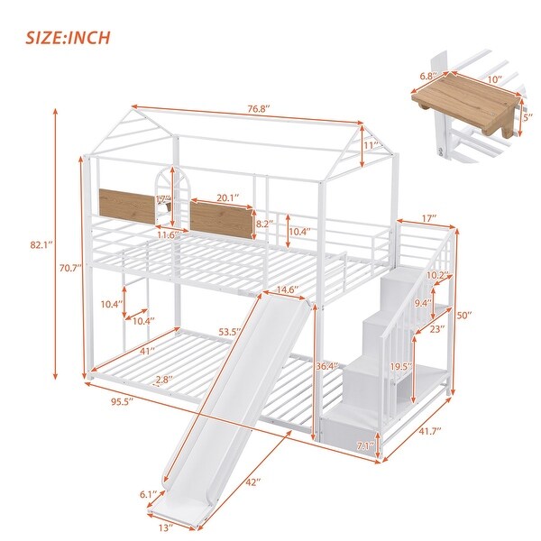 Merax Twin Over Twin Metal Housebed Bunk Bed with Slide and Storage Stair