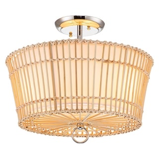 3-Light Natural Rattan&Bamboo Semi Flush Mount with White Linen Shade - Natural Rattan