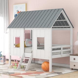Twin Low Loft House Bed with Roof & Two Front Windows, Perfect for Kids Bedroom, Space Saving Design & No Need Spring Box, White