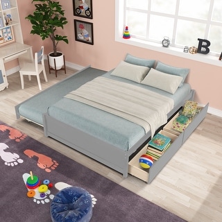 Full Bed with Twin Size Trundle and Two Drawers,Grey