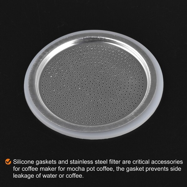 3x Silicone Gasket 1x Filter Screen 82x72mm f 12-Cup Mocha Coffee Pot - White, Silver Tone