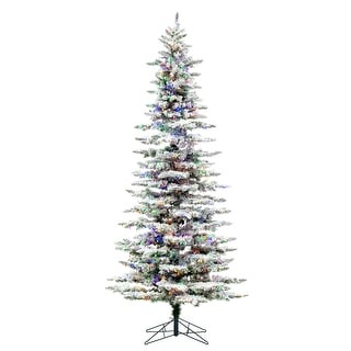 Vickerman 9' Flocked Utica Fir Slim Artificial Christmas Tree, Multi-Colored LED Lights - Flocked White on Green