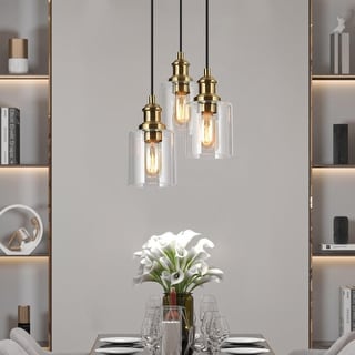 Modern 3-Light Black Gold Clear Glass Chandelier Cluster Pendant Lights for Dining Room - 10" D x 69" H