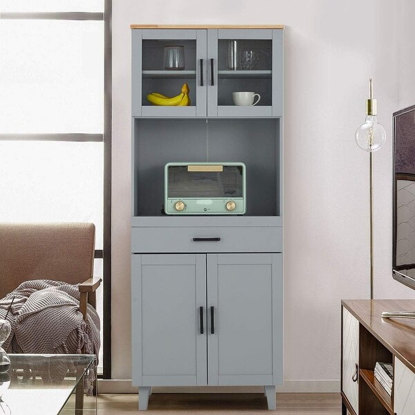 EROMMY Kitchen Hutch Cabinet, Storage Kitchen Pantry with Shelves, Drawer, Framed Glass Doors, and Open Microwave Countertop