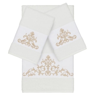 Authentic Hotel and Spa White Turkish Cotton Scrollwork Embroidered 3 piece Towel Set