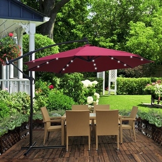 Outdoor Patio Outdoor LED Lighted Cantilever Umbrella with Crank and Cross Base