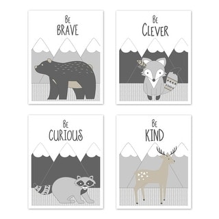 Sweet Jojo Designs Beige Grey Boho Forest Animal Deer Fox Bear Gray Woodland Friends Collection Wall Decor Art Prints (Set of 4)