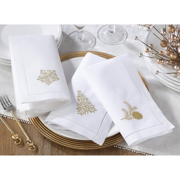 Saro Lifestyle White Cotton Hemstitch Table Napkins with Embroidered Pine Tree Design (Set of 6)
