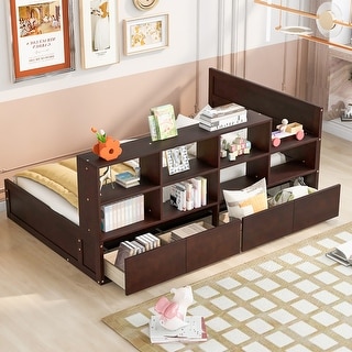 Minimalist Style Twin Size Platform Bed with Drawers & Shelves, Versatile Solid Pine Wood Bed Frame with Headboard & Footboard