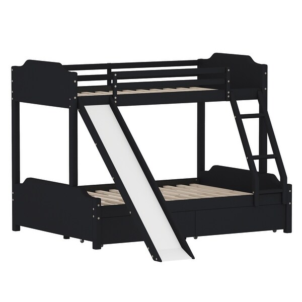 Twin over Full Size Upholstery Bunk Bed with 2 Drawers, Convertible Slide and Ladder