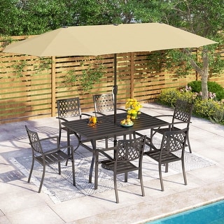 8-Piece Outdoor Dining Set with 13ft Umbrella Steel Rectangle Table & 6 Stackable Chairs