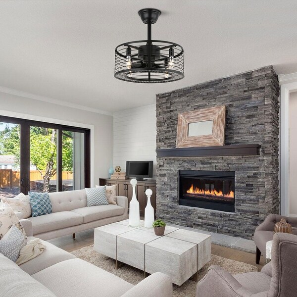 18 in. Caged Ceiling Fan with Light Modern Enclosed Ceiling Fan with Remote Control Black Industrial Ceiling Fans