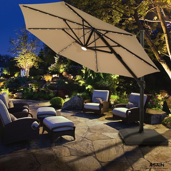 11 Feet Solar Powered Push-Button Tilt Cantilever Patio Umbrella with Base