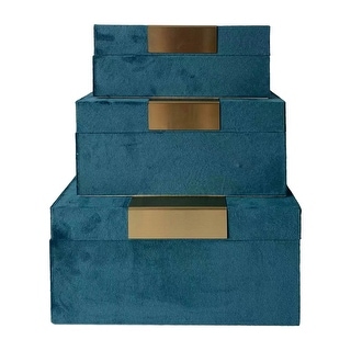 Sagebrook Home Velvet, Set Of 3 7/8/9"L, Jewelry Boxes, Teal/Gold, Rectangle, 5"H, Solid Color - 9.0" x 8.0" x 5.0"