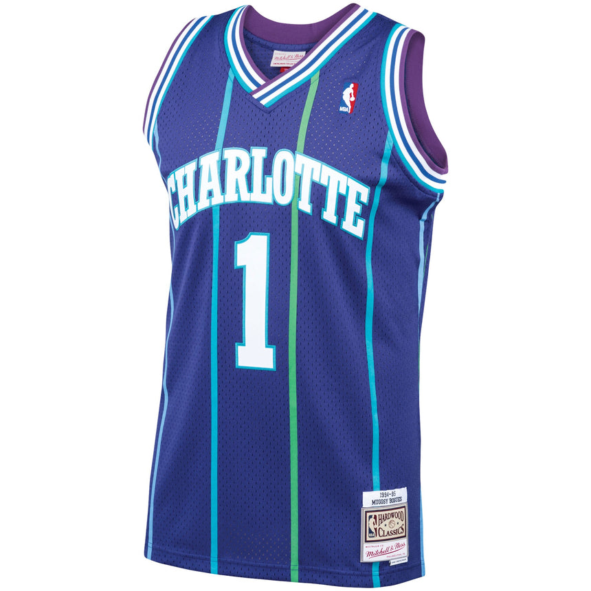 Men��s Muggsy Bogues Charlotte Hornets 1994-95 Purple Swingman Replica Jersey By Mitchell & Ness