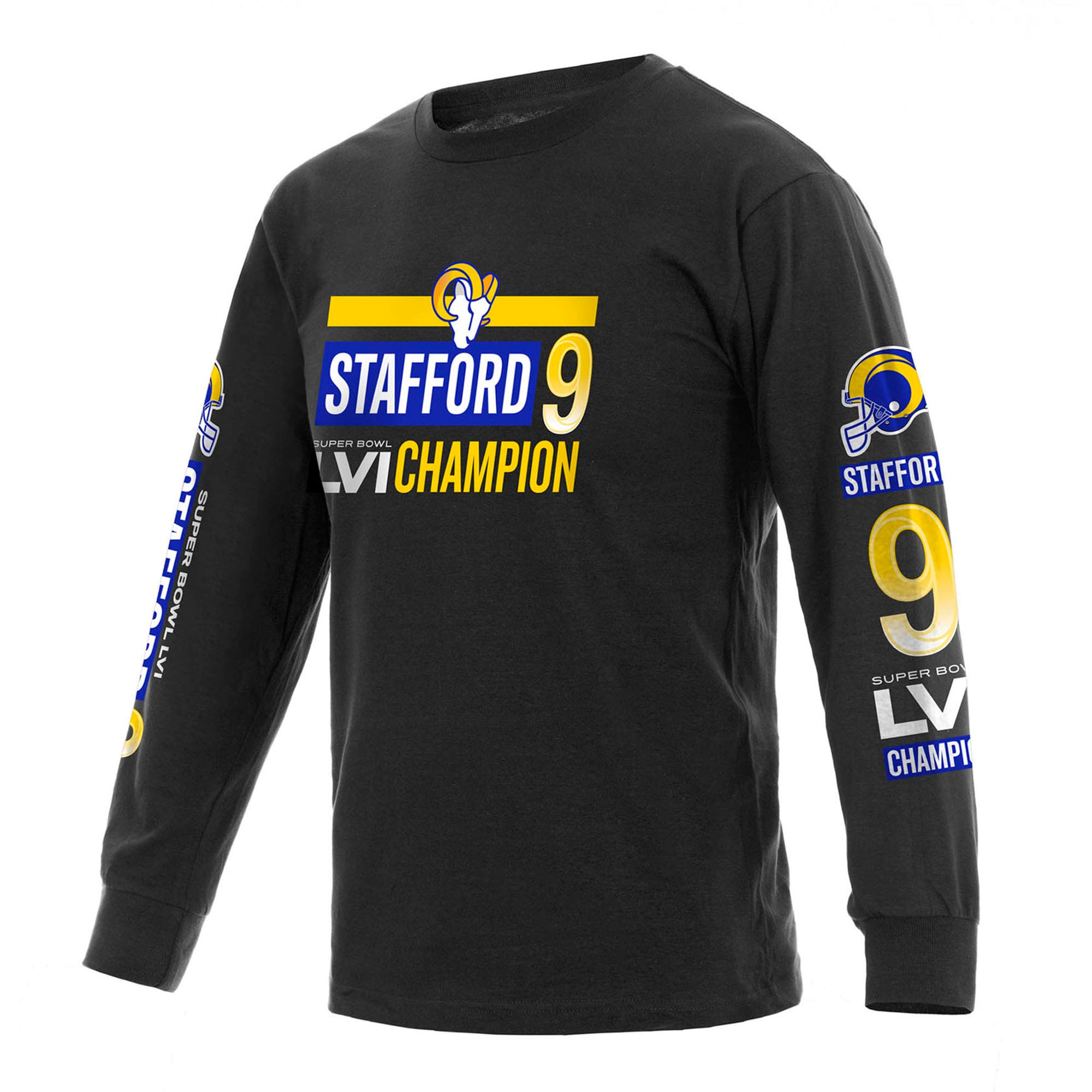 Men's Fanatics Branded Matthew Stafford Black Los Angeles Rams Super Bowl LVI Champions Player Name & Number Long Sleeve