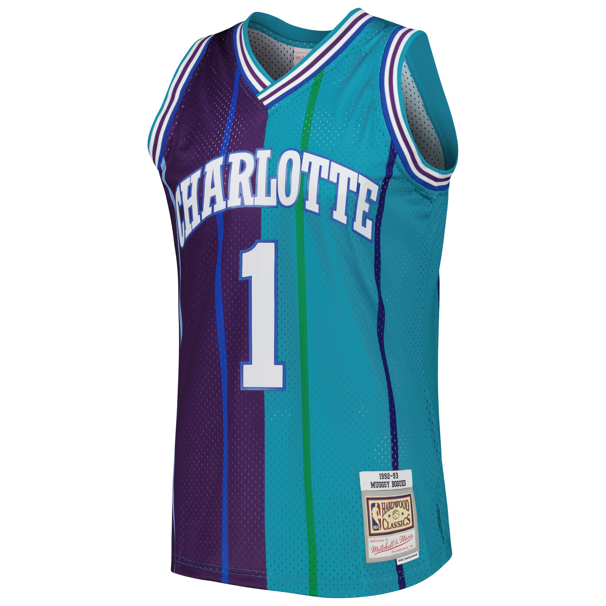Muggsy Bogues Charlotte Hornets Mitchell & Ness Hardwood Classics 1992/93 Split Swingman Jersey - Teal/Purple