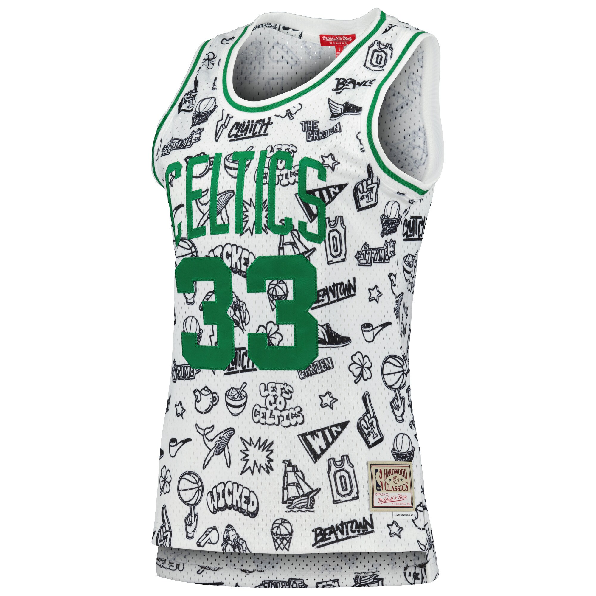 Larry Bird Boston Celtics Mitchell & Ness Women's 1985 Doodle Swingman Jersey - White