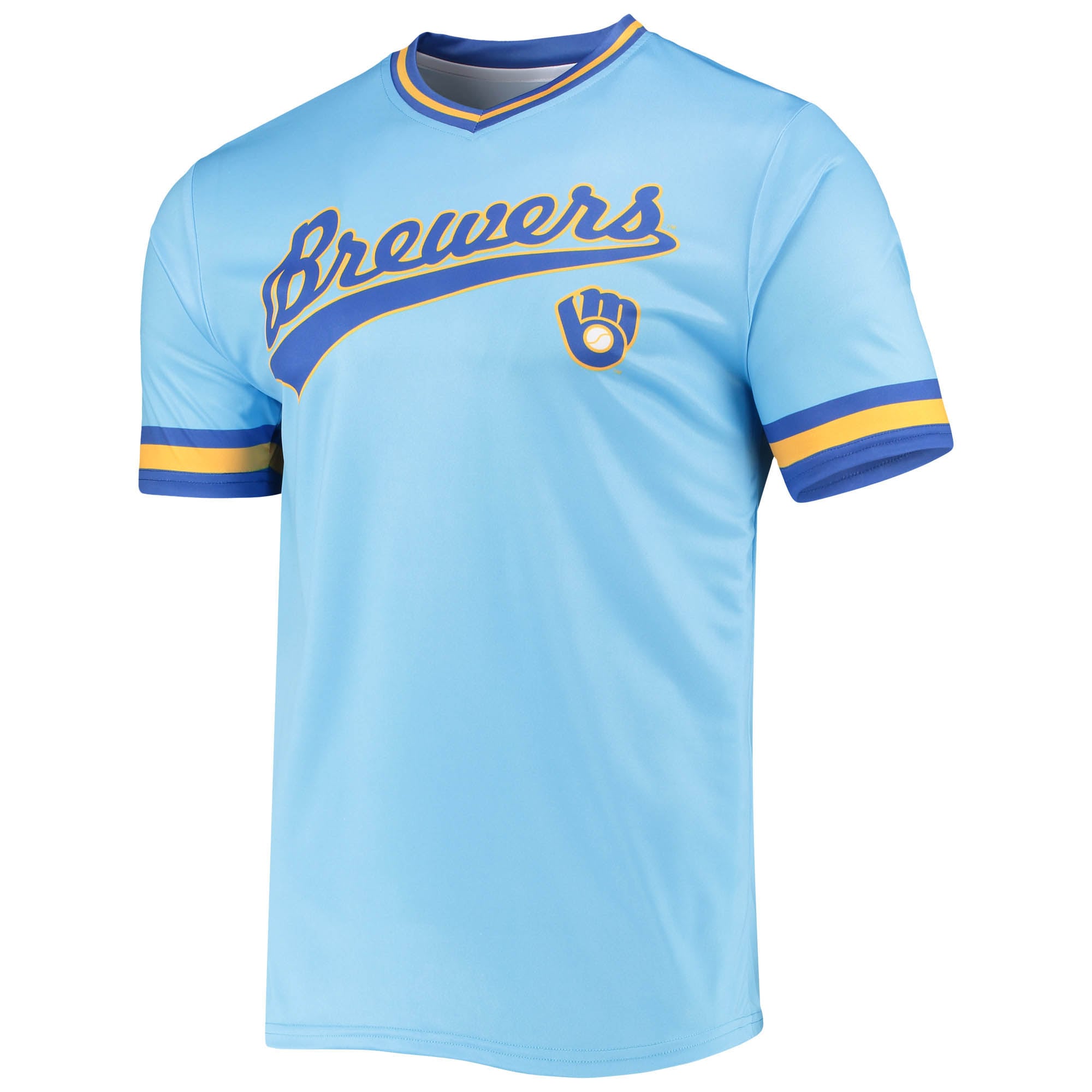 Milwaukee Brewers Stitches Cooperstown Collection V-Neck Team Color Jersey - Powder Blue/Royal