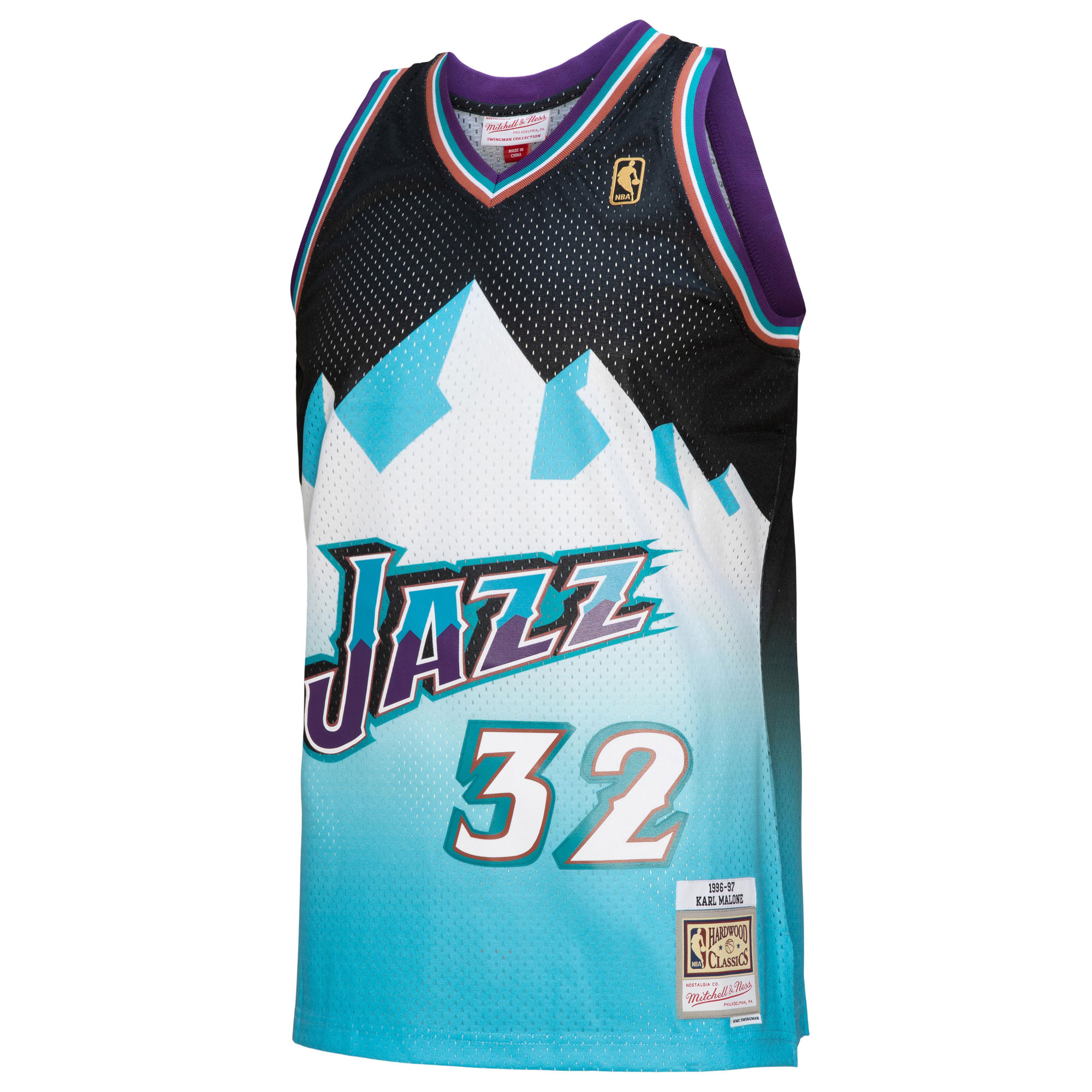 Karl Malone Utah Jazz Mitchell & Ness 1996/97 Hardwood Classics Fadeaway Swingman Player Jersey - Black/Light Blue