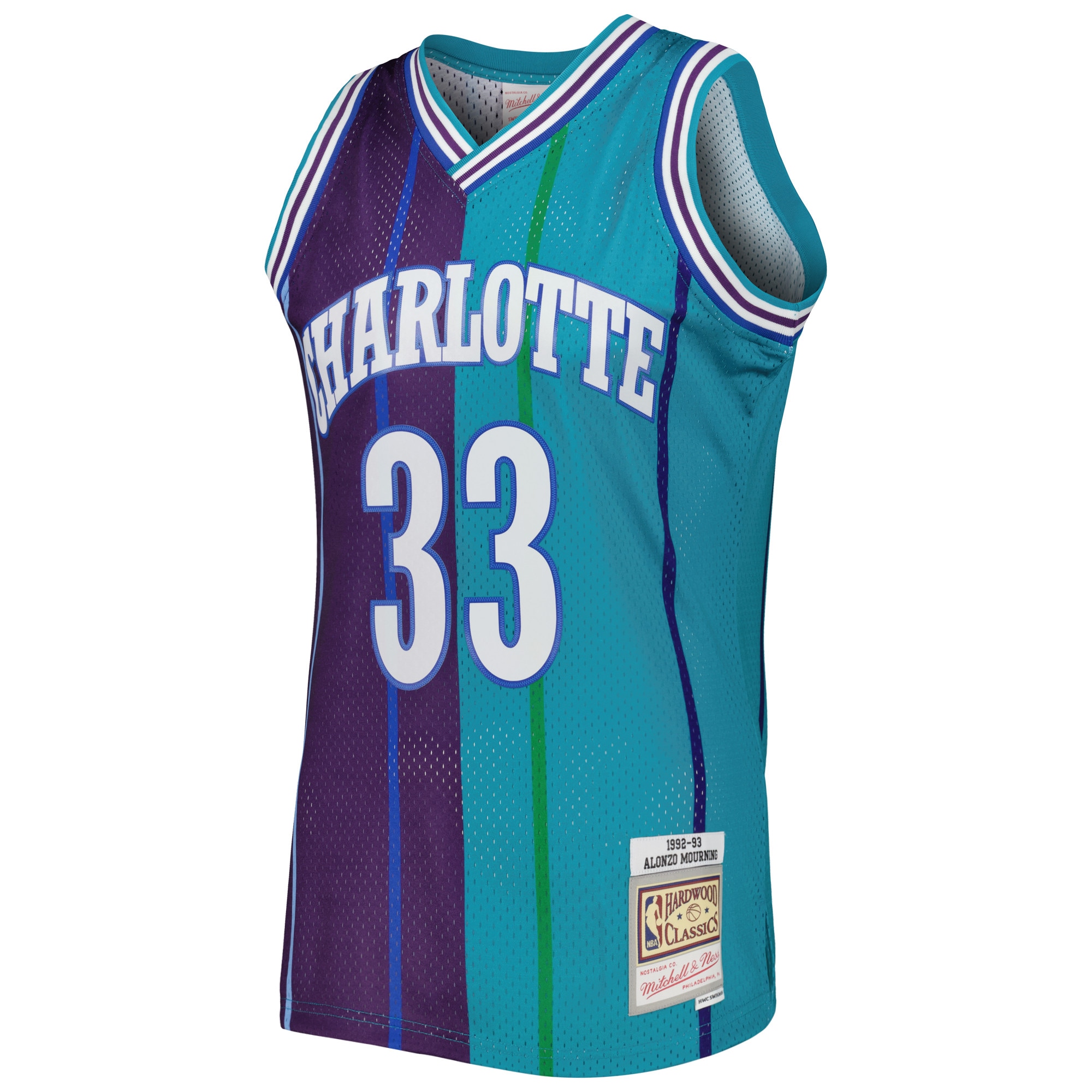 Alonzo Mourning Charlotte Hornets Mitchell & Ness Hardwood Classics 1992/93 Split Swingman Jersey - Teal/Teal