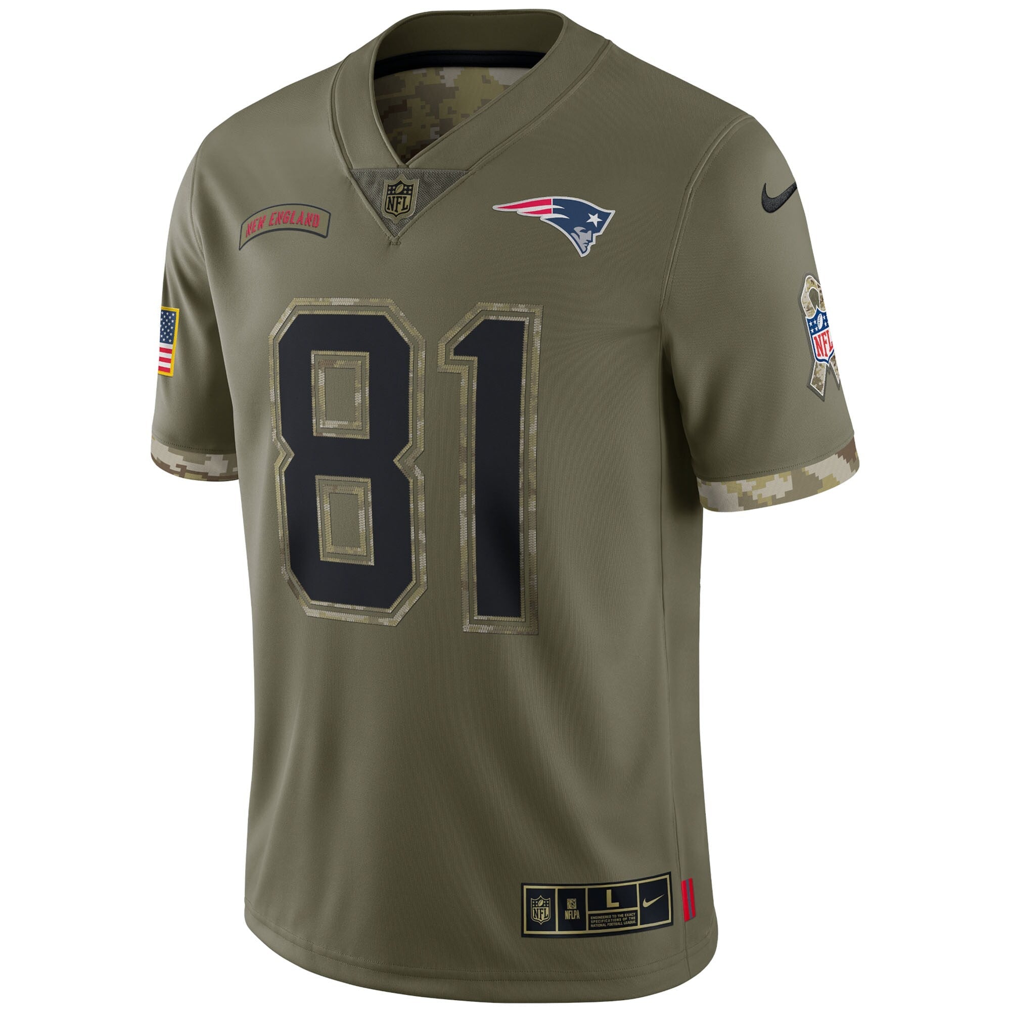 Men's Nike Randy Moss Olive New England Patriots 2022 Salute To Service Retired Player Limited Jersey