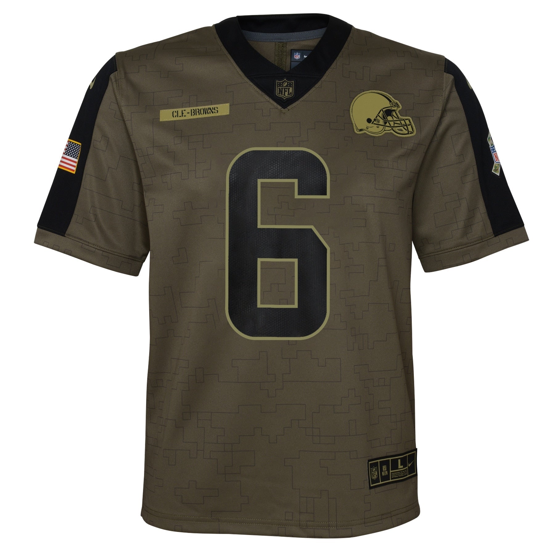 Youth Nike Baker Mayfield Olive Cleveland Browns 2021 Salute To Service Game Jersey