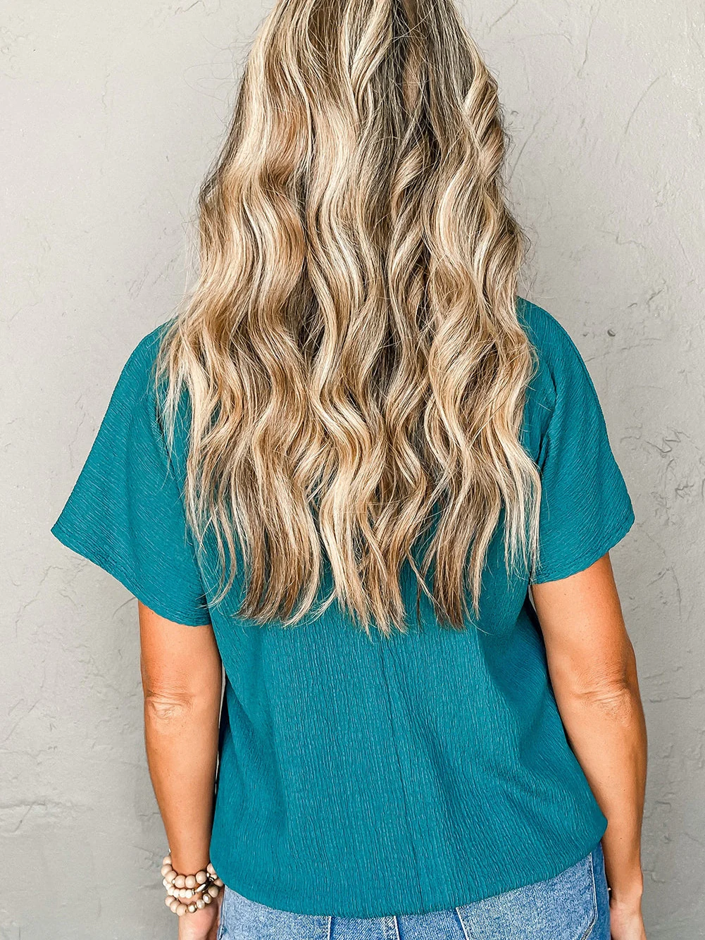 Blue Sapphire Bubble Hem V Neck Textured Plus Size Top