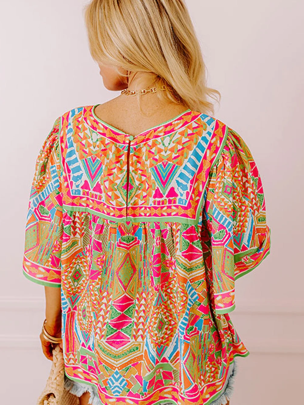 Green Bohemian Geometric Print Wide Sleeve Plus Size Blouse