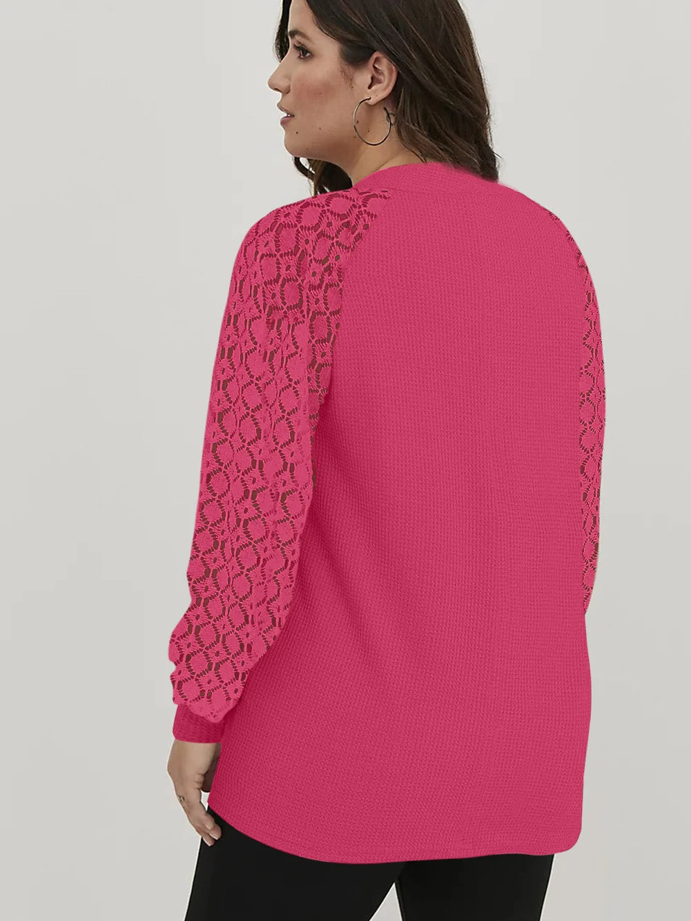 Strawberry Pink Plus Size Contrast Lace Sleeve Waffle Knit Top