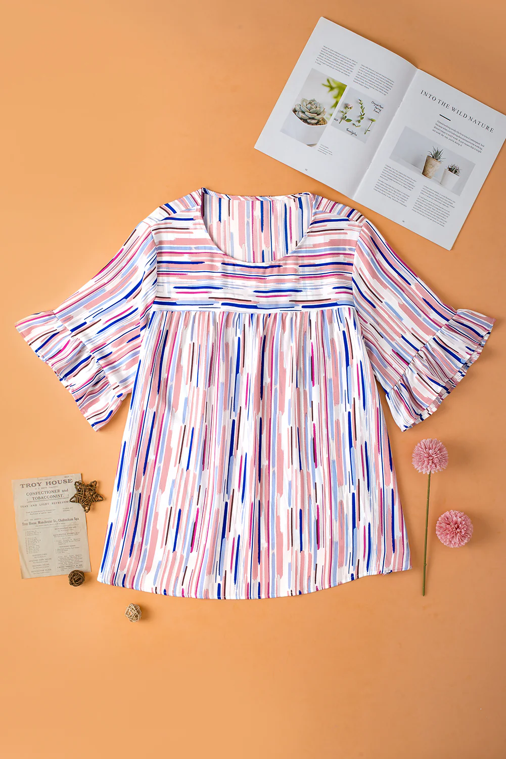 White Striped Ruffle Short Sleeve Plus Size Top