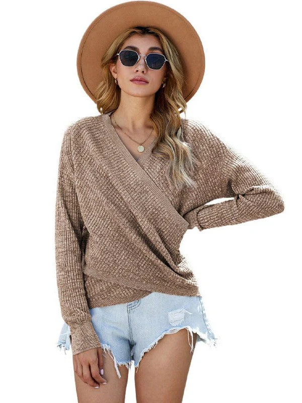 V-Neck Ladies' Sweater With Cross Detail In Solid Colors And Sexy Long Sleeves