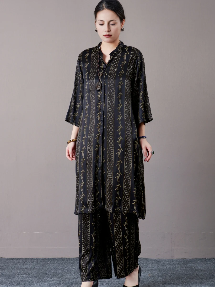 Elegant Black and Gold Embroidered Long Shirt with Wide-Leg Pants Set