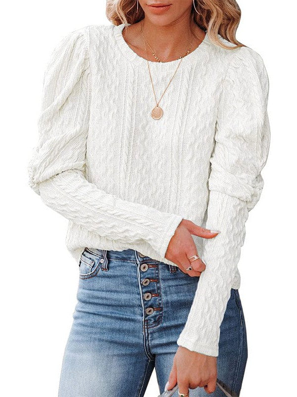 Women'S Loose Fit Pullover Sweater With Round Neck And Balloon Sleeves
