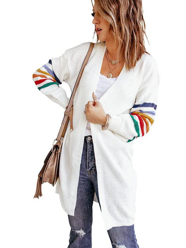 Women'S Striped Lantern Sleeve Cardigan Sweater In Imitation Cashmere