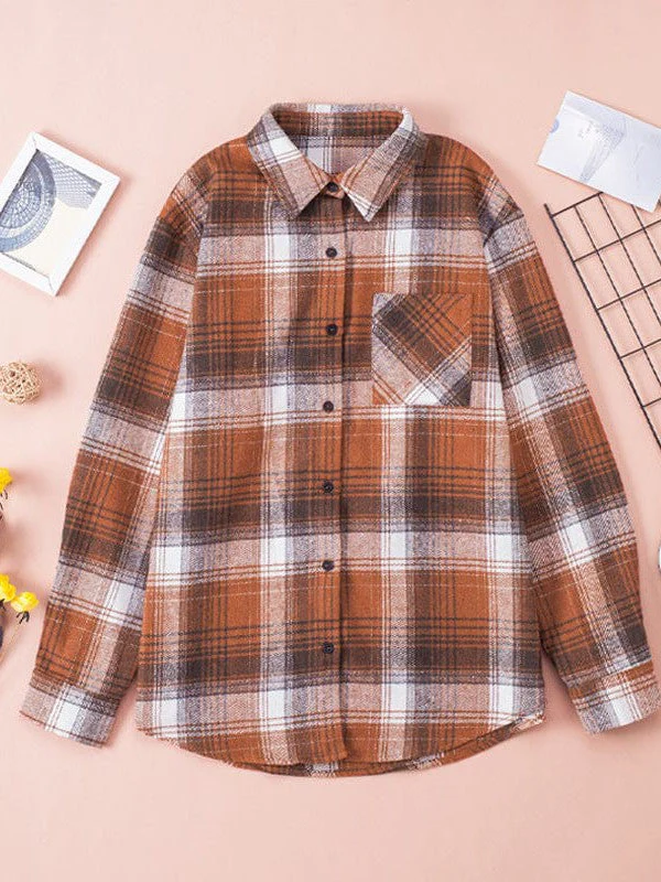 Women'S Plaid Print Single Breasted Lapel Shirt With Contrast Color - Fashionable Cardigan Style With Long Sleeves