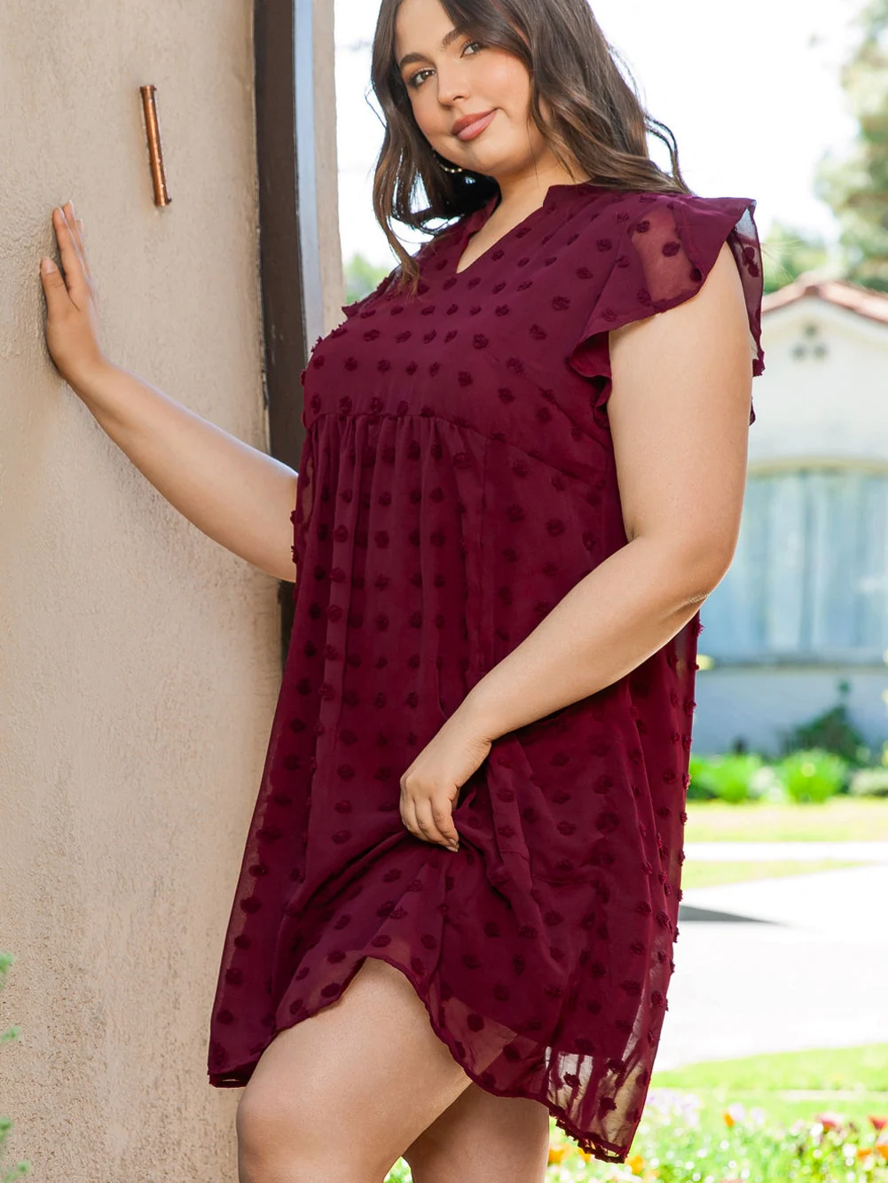 Swiss Dot Burgundy Plus Size V-Neck Mini Dress with Ruffled Sleeves