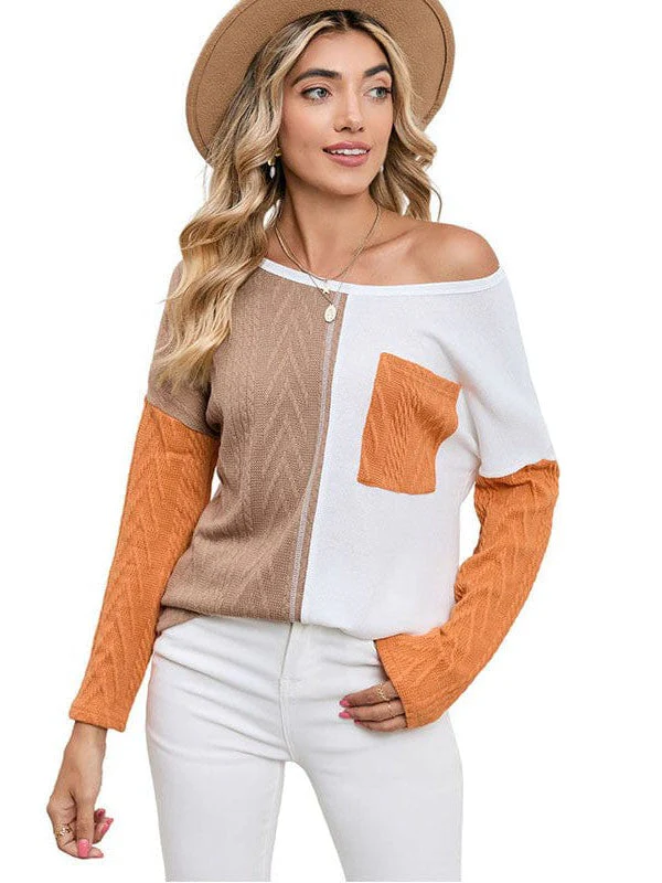 Fashion Round Neck Pullover With Contrasting Colors - Women'S Long Sleeve Loose Slimming Top